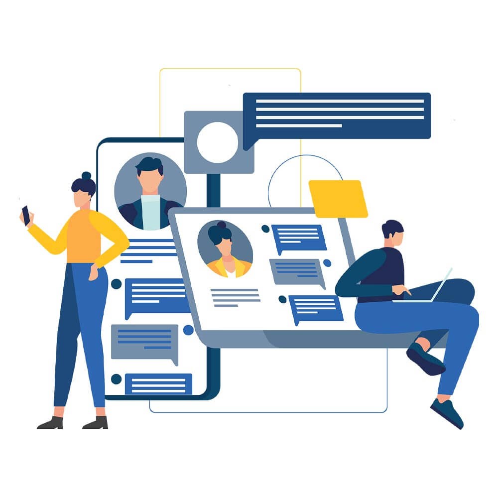 Graphic of people looking up proiles on their laptop and cell phone